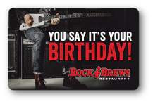 rock and brews logo, 'you say its your birthday!', over person playing guitar. 