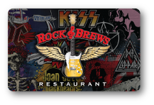 rock and brews logo, guitar with wings over rock and roll themed pattern