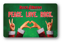 rock and brews logo 'peace. love. rock.', a hand holding two fingers up, two hands making heart shape, one hand making rock a